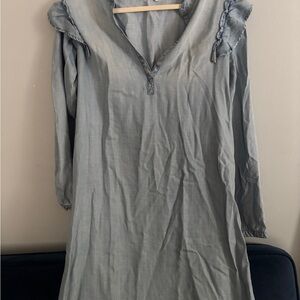 Denim Long Sleeve Dress with Ruffle Details